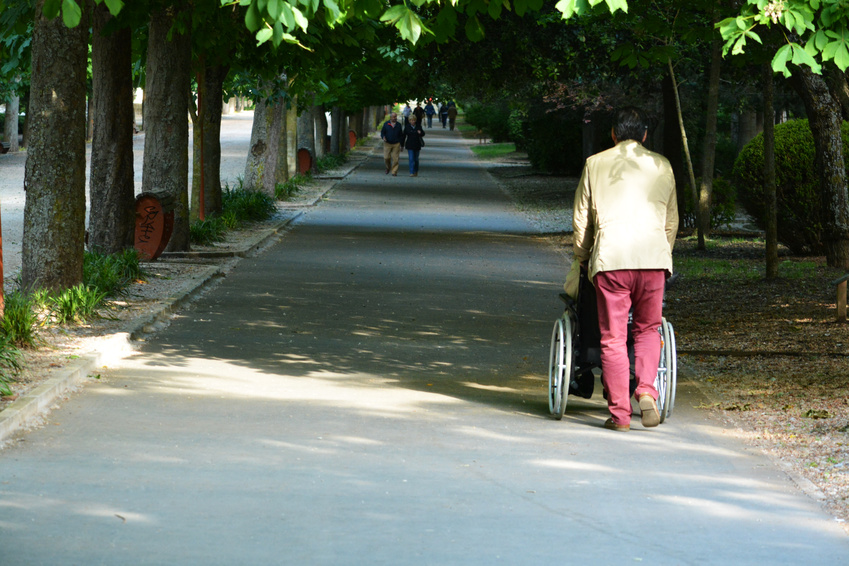hombre empujando una silla de ruedas por un parque